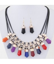 Resin Crystal Shape Pendants with Golden Alloy Decorations Fashion Necklace and Earrings Set - Multicolor