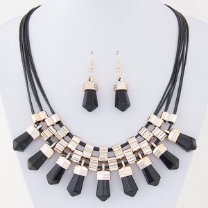 Resin Crystal Shape Pendants with Golden Alloy Decorations Fashion Necklace and Earrings Set - Black