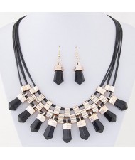Resin Crystal Shape Pendants with Golden Alloy Decorations Fashion Necklace and Earrings Set - Black