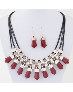Resin Crystal Shape Pendants with Golden Alloy Decorations Fashion Necklace and Earrings Set - Red