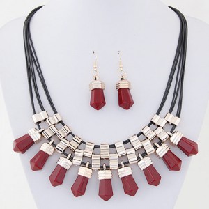 Resin Crystal Shape Pendants with Golden Alloy Decorations Fashion Necklace and Earrings Set - Red