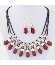 Resin Crystal Shape Pendants with Golden Alloy Decorations Fashion Necklace and Earrings Set - Red