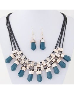 Resin Crystal Shape Pendants with Golden Alloy Decorations Fashion Necklace and Earrings Set - Cyan