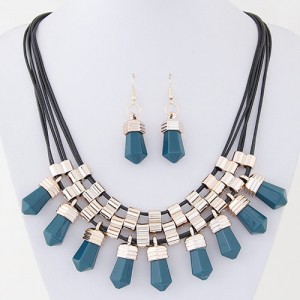Resin Crystal Shape Pendants with Golden Alloy Decorations Fashion Necklace and Earrings Set - Cyan