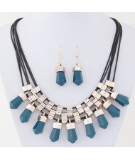 Resin Crystal Shape Pendants with Golden Alloy Decorations Fashion Necklace and Earrings Set - Cyan