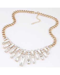 Luxurious Glass Gem Embellished Bars Thick Golden Chain Fashion Necklace - White