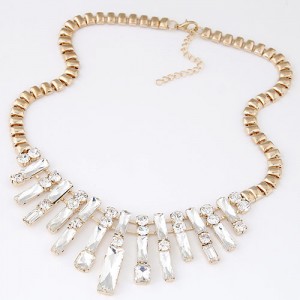 Luxurious Glass Gem Embellished Bars Thick Golden Chain Fashion Necklace - White