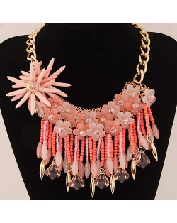Splendid High Fashion Jelly Flower and Resin Gem Beads Tassel Statement Fashion Necklace - Pink