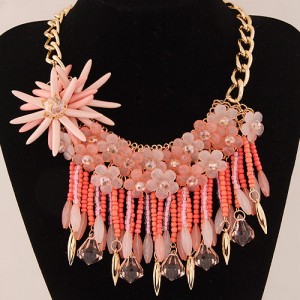 Splendid High Fashion Jelly Flower and Resin Gem Beads Tassel Statement Fashion Necklace - Pink