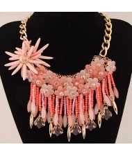 Splendid High Fashion Jelly Flower and Resin Gem Beads Tassel Statement Fashion Necklace - Pink