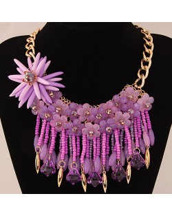 Splendid High Fashion Jelly Flower and Resin Gem Beads Tassel Statement Fashion Necklace - Purple