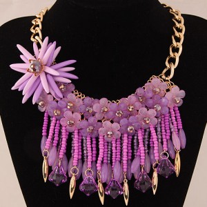 Splendid High Fashion Jelly Flower and Resin Gem Beads Tassel Statement Fashion Necklace - Purple