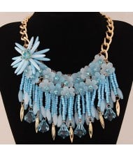 Splendid High Fashion Jelly Flower and Resin Gem Beads Tassel Statement Fashion Necklace - Blue