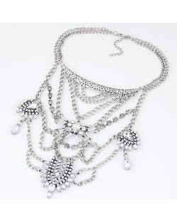 Rhinestone Floral Pattern with Connected Chains Tassel Vintage Arch Pendant Fashion Necklace - White