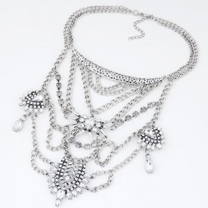 Rhinestone Floral Pattern with Connected Chains Tassel Vintage Arch Pendant Fashion Necklace - White