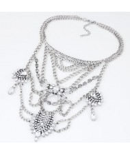 Rhinestone Floral Pattern with Connected Chains Tassel Vintage Arch Pendant Fashion Necklace - White