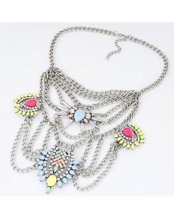 Rhinestone Floral Pattern with Connected Chains Tassel Vintage Arch Pendant Fashion Necklace - Multicolor