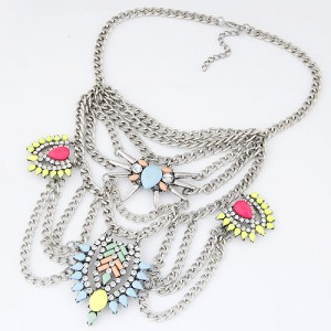 Rhinestone Floral Pattern with Connected Chains Tassel Vintage Arch Pendant Fashion Necklace - Multicolor