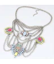 Rhinestone Floral Pattern with Connected Chains Tassel Vintage Arch Pendant Fashion Necklace - Multicolor