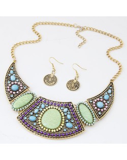 Mingled Gems and Mini Beads Embellished Arch Pendant Statement Fashion Necklace and Earrings Set - Copper