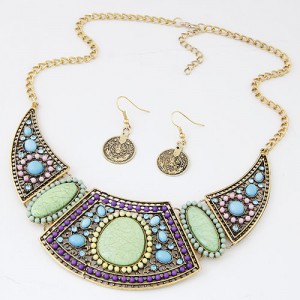Mingled Gems and Mini Beads Embellished Arch Pendant Statement Fashion Necklace and Earrings Set - Copper