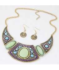 Mingled Gems and Mini Beads Embellished Arch Pendant Statement Fashion Necklace and Earrings Set - Copper