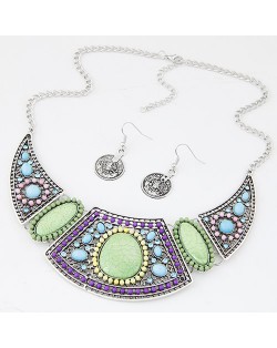 Mingled Gems and Mini Beads Embellished Arch Pendant Statement Fashion Necklace and Earrings Set - Silver