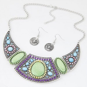 Mingled Gems and Mini Beads Embellished Arch Pendant Statement Fashion Necklace and Earrings Set - Silver