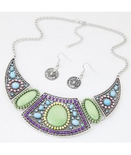 Mingled Gems and Mini Beads Embellished Arch Pendant Statement Fashion Necklace and Earrings Set - Silver