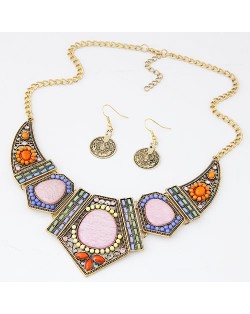 Assorted Gems Decorated Vintage Combined Angle Arch Pendant Statement Fashion Necklace and Earrings Set - Copper