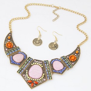Assorted Gems Decorated Vintage Combined Angle Arch Pendant Statement Fashion Necklace and Earrings Set - Copper
