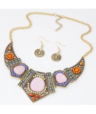 Assorted Gems Decorated Vintage Combined Angle Arch Pendant Statement Fashion Necklace and Earrings Set - Copper