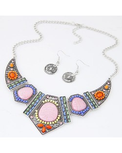 Assorted Gems Decorated Vintage Combined Angle Arch Pendant Statement Fashion Necklace and Earrings Set - Silver