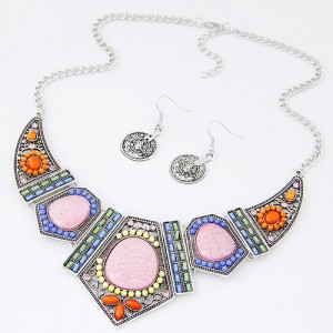 Assorted Gems Decorated Vintage Combined Angle Arch Pendant Statement Fashion Necklace and Earrings Set - Silver