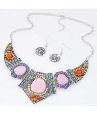 Assorted Gems Decorated Vintage Combined Angle Arch Pendant Statement Fashion Necklace and Earrings Set - Silver