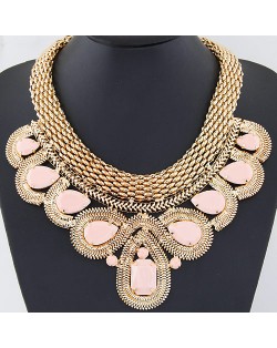 Resin Gems Encircled by Snake Chain Design Thick Statement Fashion Necklace - Pink