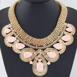 Resin Gems Encircled by Snake Chain Design Thick Statement Fashion Necklace - Pink