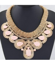 Resin Gems Encircled by Snake Chain Design Thick Statement Fashion Necklace - Pink
