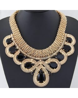 Resin Gems Encircled by Snake Chain Design Thick Statement Fashion Necklace - Black