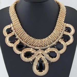 Resin Gems Encircled by Snake Chain Design Thick Statement Fashion Necklace - Black