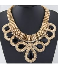 Resin Gems Encircled by Snake Chain Design Thick Statement Fashion Necklace - Black