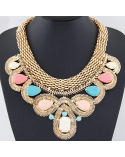 Resin Gems Encircled by Snake Chain Design Thick Statement Fashion Necklace - Multicolor