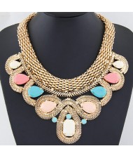 Resin Gems Encircled by Snake Chain Design Thick Statement Fashion Necklace - Multicolor