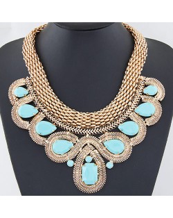 Resin Gems Encircled by Snake Chain Design Thick Statement Fashion Necklace - Blue