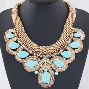 Resin Gems Encircled by Snake Chain Design Thick Statement Fashion Necklace - Blue