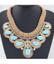 Resin Gems Encircled by Snake Chain Design Thick Statement Fashion Necklace - Blue