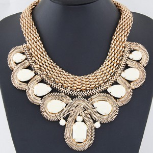 Resin Gems Encircled by Snake Chain Design Thick Statement Fashion Necklace - White