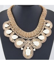 Resin Gems Encircled by Snake Chain Design Thick Statement Fashion Necklace - White
