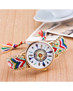 Vintage Peacock Feather Design Clock Face Weaving Chain Fashion Wrist Watch - No.7