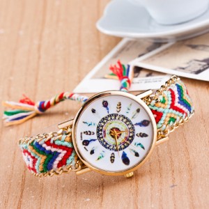 Vintage Peacock Feather Design Clock Face Weaving Chain Fashion Wrist Watch - No.7